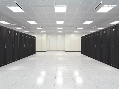 Industrial Server Room Featuring Rows Of Black Server Cabinets White Ceiling Lights And Spacious Aisle 3d model