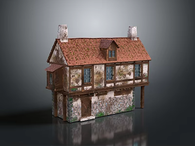 Traditional House Design With Red Tile Roof Dual Chimneys Stone And Wood Structure 3d model