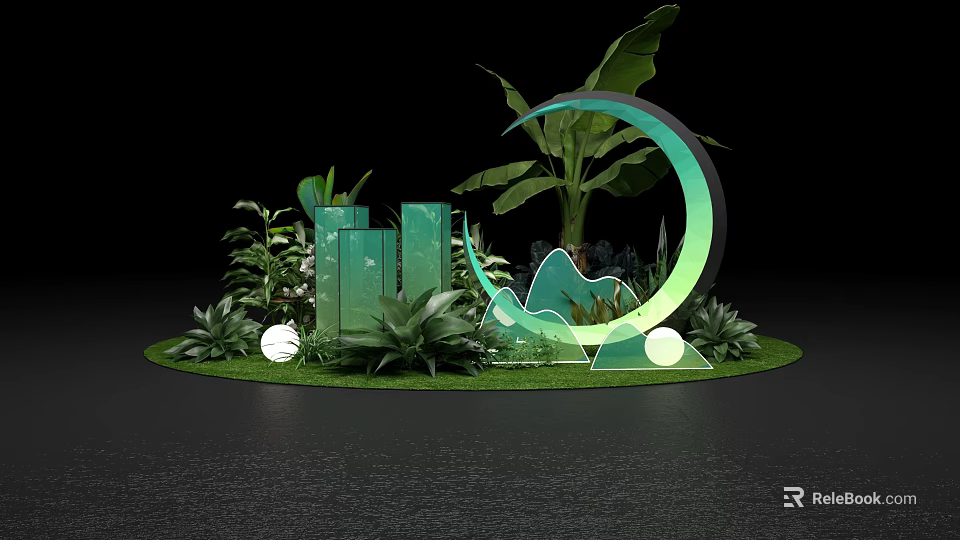 Art Installation With Crescent Shape Geometric Structures Green Plants White Spheres On Circular Base 3d model
