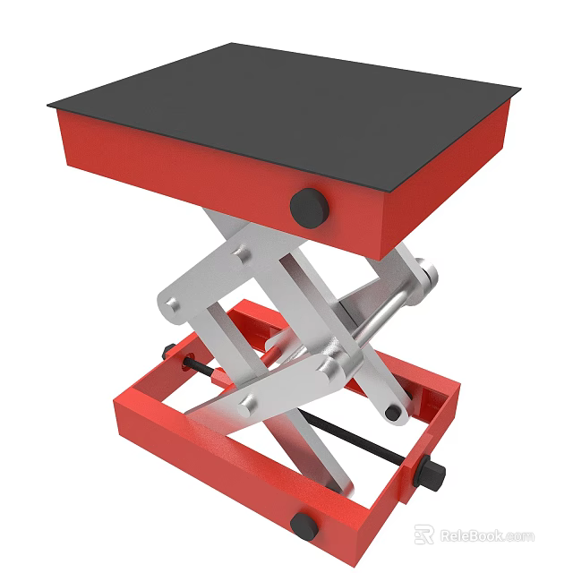 Industrial Scissor Lift Table With Red Frame Black Platform And Silver Mechanism 3d model 