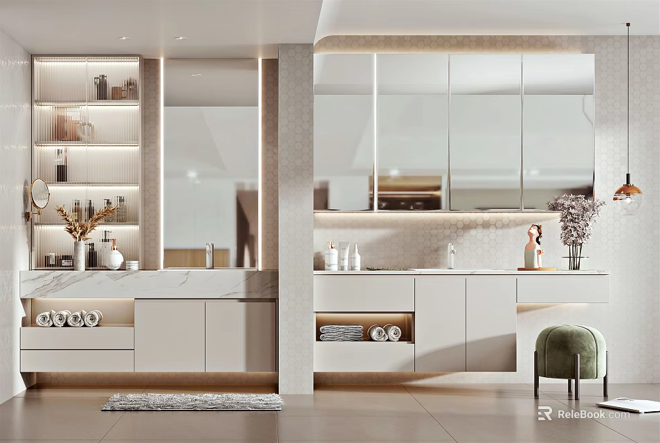 Elegant Modern Washbasin Vanity With Marble Countertop Large Mirror Storage Cabinet And Soft Lighting 3d model 