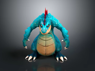 3D Rendered Reptile Creature With Blue Body Red Horn Yellow Belly Sharp Claws 3d model