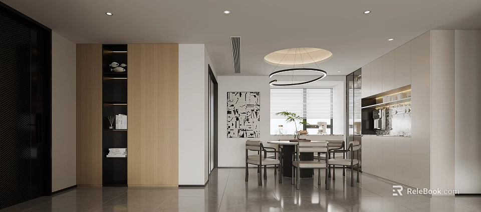 Modern Restaurant Interior With Open Space Dining Table Chairs Circular Ceiling Lights Wall Art 3d model