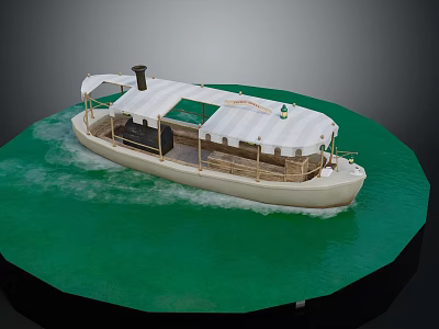 Wooden Boat With White Canopy And Black Chimney Floating On Green Water 3d model