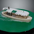 Wooden Boat With White Canopy And Black Chimney Floating On Green Water