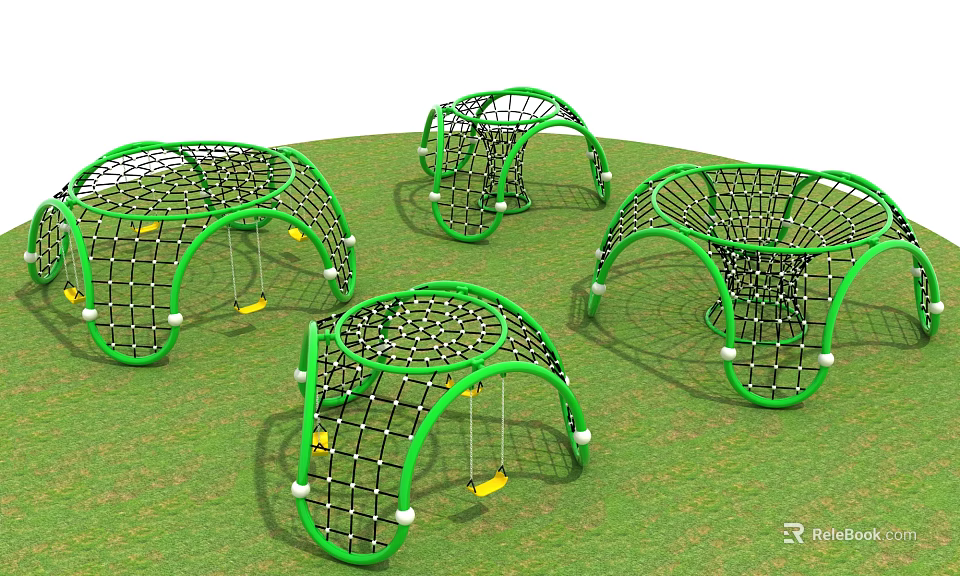 Green Arched Net Playground Equipment With Swings And White Support Balls On Grass 3d model 