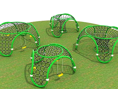 Green Arched Net Playground Equipment With Swings And White Support Balls On Grass 3d model