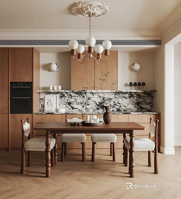 Warm Wooden Restaurant Interior With Dining Table Chairs Chandelier And Marble Backsplash 3d model 