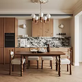 Warm Wooden Restaurant Interior With Dining Table Chairs Chandelier And Marble Backsplash