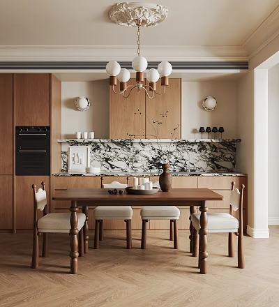 Warm Wooden Restaurant Interior With Dining Table Chairs Chandelier And Marble Backsplash 3d model