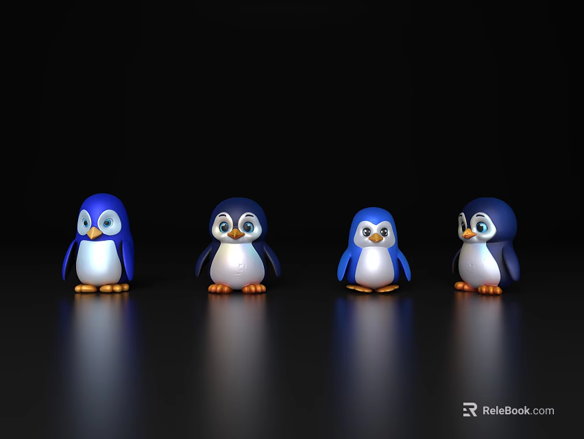 Four Cute Blue Penguin Figurines Arranged On Black Reflective Surface 3d model 