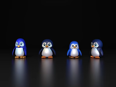 Four Cute Blue Penguin Figurines Arranged On Black Reflective Surface 3d model