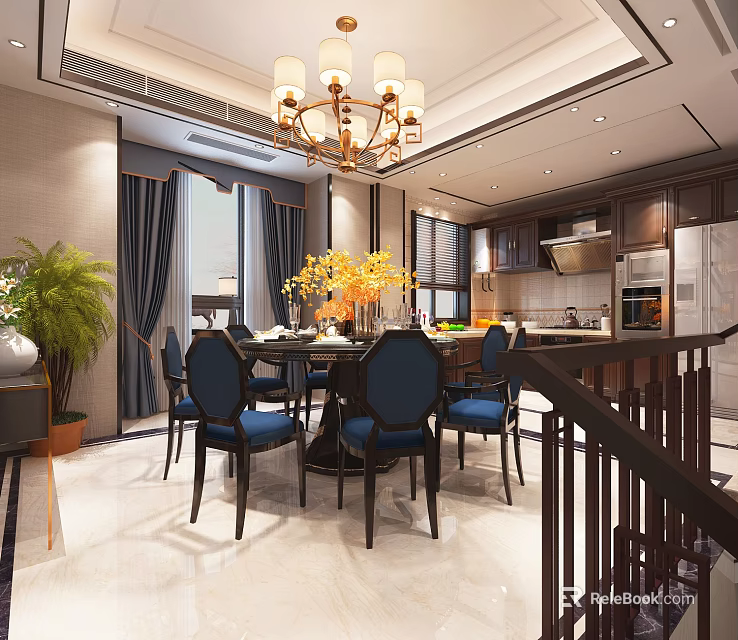 Elegant Modern Restaurant Interior With Dining Table Blue Chairs Yellow Flowers And Kitchen Area 3d model 