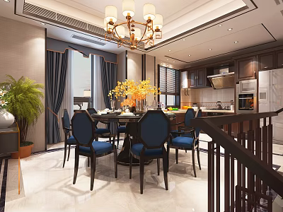 Elegant Modern Restaurant Interior With Dining Table Blue Chairs Yellow Flowers And Kitchen Area 3d model
