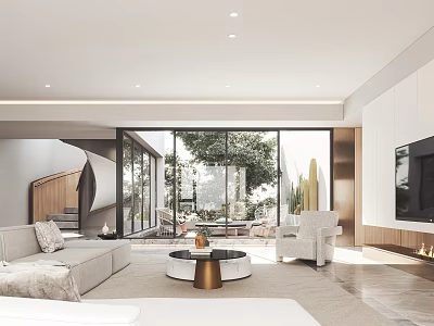 Modern Living Room Interior With Large Windows Greenery View Comfortable Sofa And Round Coffee Table 3d model