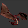 Striking Red Dragon 3D Model Featuring Large Spread Wings in Gray Background