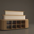 Modern Wooden Display Shelving Unit With Layered Structure And Open Storage Compartments