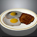 White Plate With Gold Rim Featuring Two Fried Eggs And Sliced Bacon Delicious Breakfast Meal