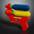 Colorful Red Water Gun Toy With Blue And Yellow Bottles For Kids Play