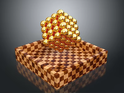 Golden Spherical Structure On Wooden Checkerboard Base With Shiny Balls 3d model