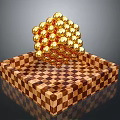 Golden Spherical Structure On Wooden Checkerboard Base With Shiny Balls
