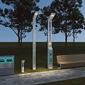 Outdoor Garden Ornaments with Modern Lamp Posts Bench Trash Bins Trees Grass and Paved Path