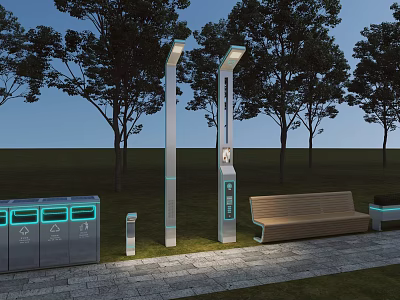Outdoor Garden Ornaments with Modern Lamp Posts Bench Trash Bins Trees Grass and Paved Path 3d model