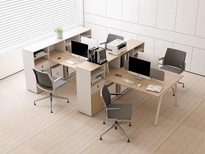 Modern Office Desk Setup With Multiple Workstations Computers Ergonomic Chairs And Small Plant 3d model