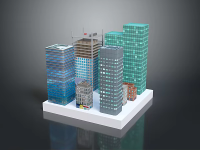 Cartoon Cityscape With Colorful Building Models On White Base And Dark Background 3d model