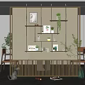 Modern Wooden Room Divider With Wall Mounted Shelves Plants And Decorative Art