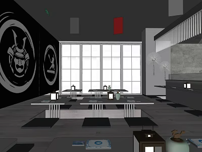 Japanese Restaurant Interior With Samurai Wall Art Large Windows Long Tables And Lanterns 3d model