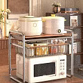 Metal Frame Wooden Top Storage Shelf with White Pots Microwave Wire Basket Jars Spices in Kitchen