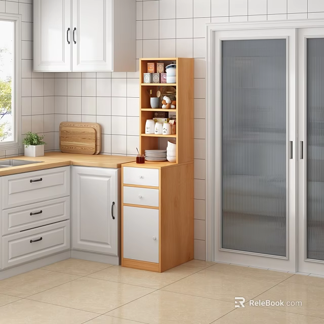 Wooden Kitchen Storage Shelf With Tiered Design And Glass Door Cabinets 3d model 