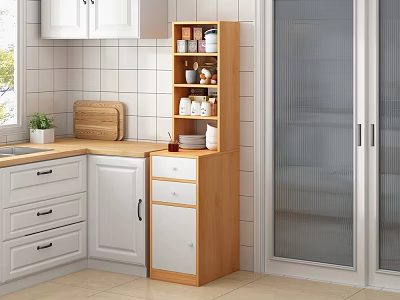 Wooden Kitchen Storage Shelf With Tiered Design And Glass Door Cabinets 3d model