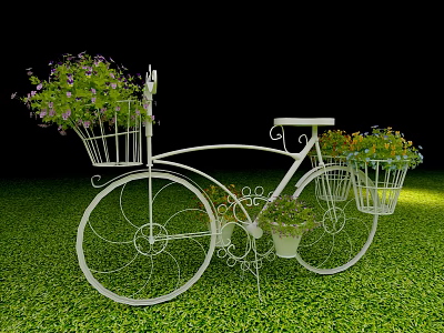 Creative Metal Bicycle Garden Ornament With Flower Baskets And Colorful Blooms On Green Grass 3d model