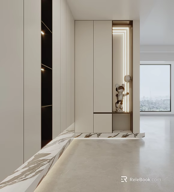 Modern Foyer Hallway Interior Design With White Cabinetry LED Lighting Marble Floor And Decorative Figurine 3d model 