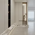 Modern Foyer Hallway Interior Design With White Cabinetry LED Lighting Marble Floor And Decorative Figurine