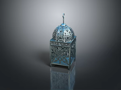 Silver Decorative Lantern With Intricate Animal Pattern Design On Gray Background 3d model