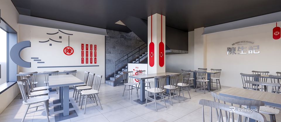 Modern Restaurant Interior with Red Signage White Tables Chairs Gray Walls and Staircase 3d model 