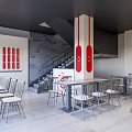 Modern Restaurant Interior with Red Signage White Tables Chairs Gray Walls and Staircase