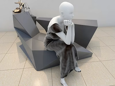 Fashion Mannequin Sitting On Stylish Geometric Gray Seat In Dark Dress With Hands Under Chin 3d model