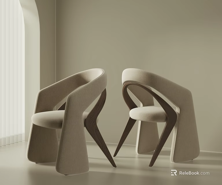Modern Beige Dining Chairs With Curved Wooden Frame And Comfortable Upholstered Seat 3d model 