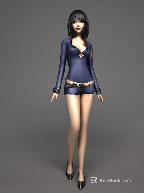 Woman Wearing Blue Tight Jumpsuit With Black Lace Details And Golden Belt 3d model 