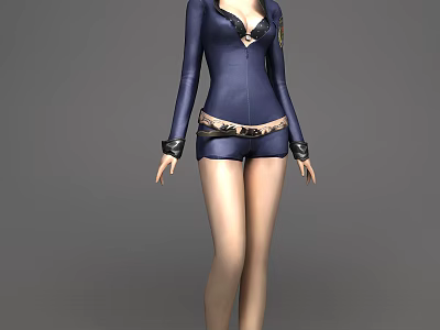 Woman Wearing Blue Tight Jumpsuit With Black Lace Details And Golden Belt 3d model