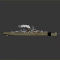 Detailed Naval Battleship Model Sailing On Blue Water Surface Emitting Smoke