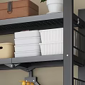 Gray Metal Storage Shelving Unit With Multiple Tiers Storage Bins Baskets And Cleaning Supplies