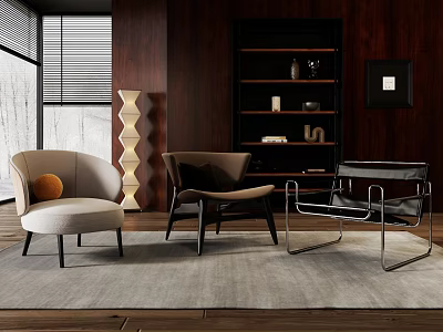 Contemporary Leisure Accent Chairs In Neutral Tones With Wooden Shelves Area Rug And Window Blinds 3d model