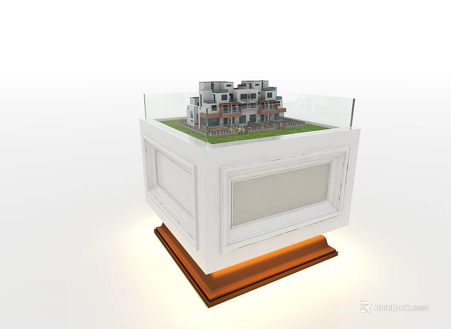 Commercial Display Equipment With Multi Storey Building Model Glass Railing White Base And Orange Lighting 3d model 