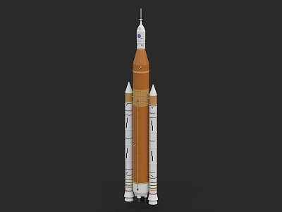 Tall Space Rocket Model With Orange Core And White Side Boosters 3d model