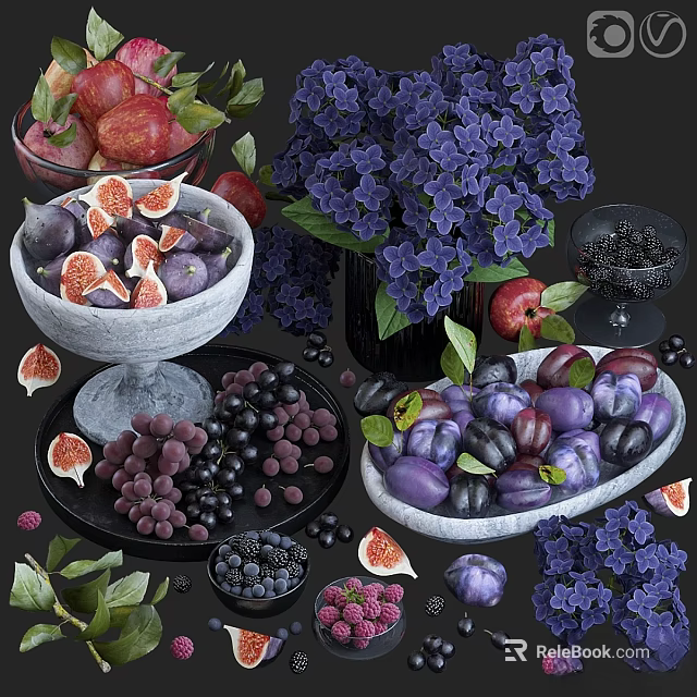 Fresh Fruits Figs Grapes Apples Plums Blueberries Raspberries in Ceramic Bowls with Purple Hydrangea 3d model 